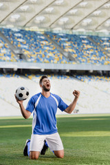 Wall Mural - emotional professional soccer player in blue and white uniform with ball standing on knees on football pitch and showing yes gesture at stadium