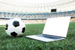 © LIGHTFIELD STUDIOS - soccer ball and laptop with blank screen on grassy football pitch at stadium