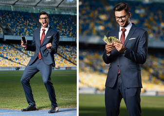 Wall Mural - collage excited young businessman in suit and glasses holding smartphone with blank screen and showing yes gesture, businessman with money at stadium