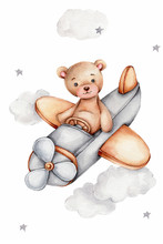 Watercolor Teddy Bear In Grey Airplane; Hand Draw Illustration; Can Be Used For Kid Poster Or Card; With White Isolated Background