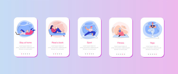 Mobile UX UI interface template, application interface framework. Vector illustration for web design. Stylized cartoon characters. Heroes are engaged in fitness, yoga, relax at home and read.