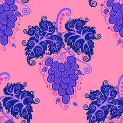 Grapes on a pink background. Decorative image. Seamless pattern. Vector graphics