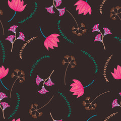 Wall Mural - Vector seamless  pattern with  leaves and  flowers on dark background.  Floral illustration for textile, print, wallpapers, wrapping.