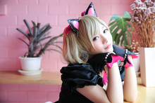 Japan Anime Cosplay , Portrait Of Girl Cosplay In Pink Room Background
