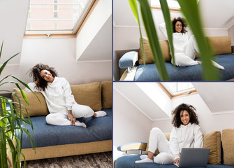 Wall Mural - collage of happy african american freelancer sitting near plants and using laptop