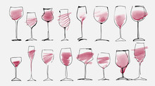 Watercolor And Hand Drawn Sketch Of Wine Glasses Set With Red Wine. Wine Glass Collection Isolated On White, Art Design.