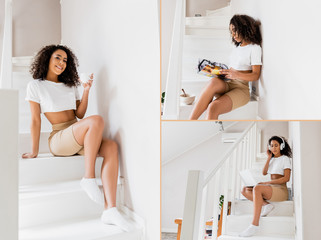 Wall Mural - collage of cheerful african american woman sitting on stairs with cup of coffee reading magazine and using laptop