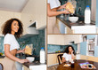 © LIGHTFIELD STUDIOS - collage of happy african american woman holding packs with cornflakes near bowls and cup near smartphone with blank screen