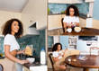 © LIGHTFIELD STUDIOS - collage of happy african american woman holding packs with cornflakes near bowls and cups near smartphones with blank screen