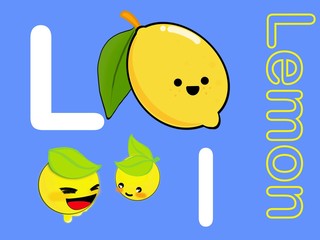 ute alphabet letter L is for Lemon in fruits and veggies flashcard collection for preschool kid learning English vocabulary