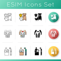 Sticker - Charity icons set. Animal right. Wildlife protection. Landmark preservation. Food bank. Homeless charity. Social service. Linear, black and RGB color styles. Isolated vector illustrations