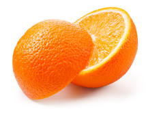 Orange Fruit Isolated. Orange Slice Half Isolate. Orang Half On White. Slices With Full Depth Of Field.