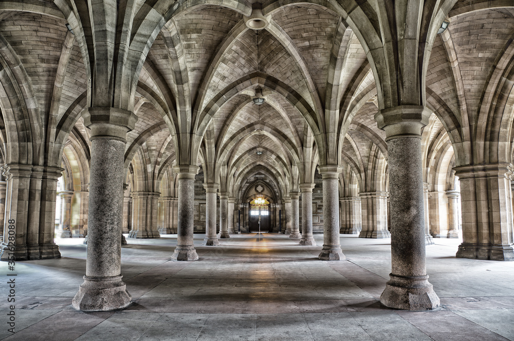 Ancient Cloisters - exterior public walkway covered with vaulted stone roof - obrazy, fototapety, plakaty 