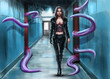 Girl walking through abandoned corridor with purple tentacles behind