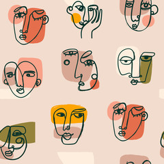 Sticker - Modern abstract Faces. Various face expressions. Hand drawn Outline Vector Seamless pattern. Background, Wallpepr. Continuous line, minimalistic concept. Perfect for textile prints