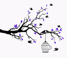Vector Illustration Of Beautiful Purple Tree And Flying Birds Cage