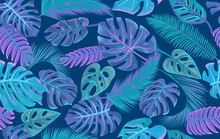 Vector Tropical Leaves On Dark Background. Exotic Botanical Seamless Pattern. Vector Backdrop With Purple Palm And Monstera Leaves On Dark Blue Background. Exotic Beach Vacation Concept.