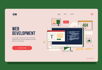 Concept of web development, programming, coding and web design. Header for website. Homepage. Elements of interface and browser windows on monitor screen. Innovations and technologies.