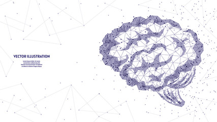 Wall Mural - Human brain close up. Organ anatomy. Infrared computer mind, neurons, artificial intelligence, creative idea. Innovative medicine and technology. 3d low poly wireframe vector illustration.