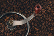 Vintage coffee grinder steeped in roasted arabica coffee beans