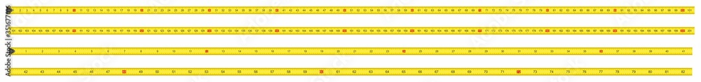 Yellow Measure Tape. Centimeter and Inch. Dual Scale. Ruler measuring tapes. Vector long tape set for measure, inches and metric meters. Measure Tool Equipment Several Variants, Proportional Scaled. - obrazy, fototapety, plakaty 