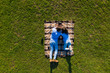 © F8  \ Suport Ukraine - Top view of young couple lying on the blanket on green grass holding photo camera and watching photos. View from above.