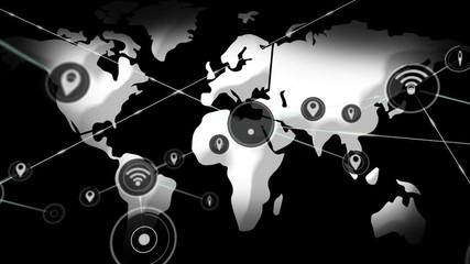 Wall Mural - animation of network connections of wireless icons and world map on black background