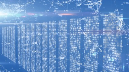 Wall Mural - animation of data processing and digital information flowing through screens on blue background