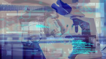 Wall Mural - animation of structural chemical formulae compounds over microscope with scientific data processing