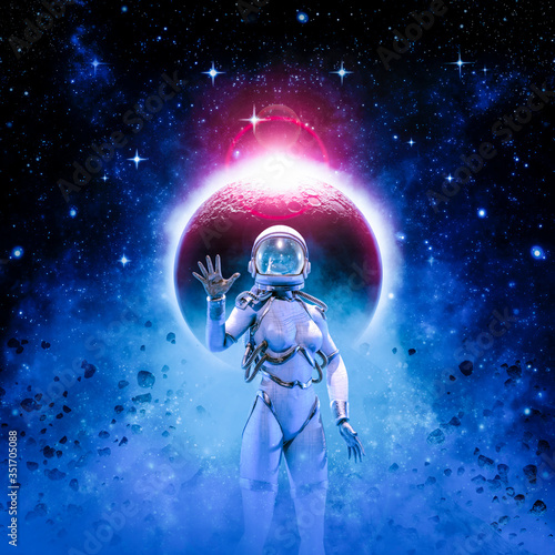 Fotografie, Obraz Daughter of the sun / 3D illustration of science fiction female astronaut raisin