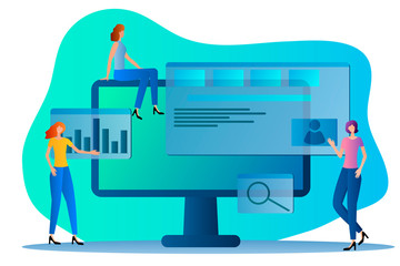 Wall Mural - young people work on the computer.people, computer, and open applications .vector illustration.