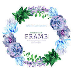 Wall Mural - Watercolor wreath frame composed of bright full color succulent