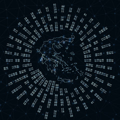 Greece digital map. Binary rays radiating around glowing country. Internet connections and data exchange design. Vector illutration.