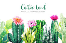 Seamless Border Composed Of Watercolor Cactus Plants