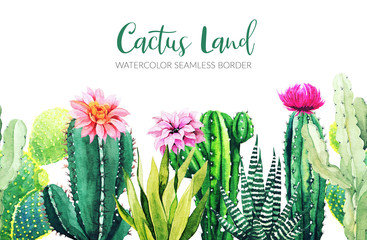 Wall Mural - Seamless border composed of watercolor cactus plants