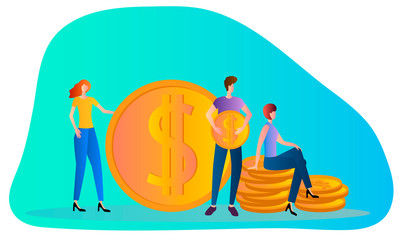 People stand next to coins.Financial transactions, cash deposits.Vector illustration.