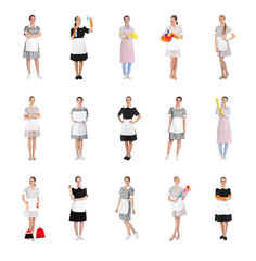 Sticker - Collage with chambermaids in uniforms on white background