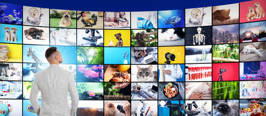 Media library concept. Man using virtual video gallery, banner design