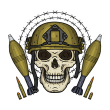 Soldier Skull. Skull In Helmet With Mortar Shells, Bullets And Barbed Wire.