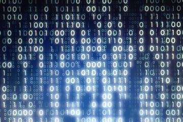 Sticker - multiple exposure photo of computer monitor screen displaying binary code. digital age abstract background made of uneven lighting and glowing blue and White binary data concepts