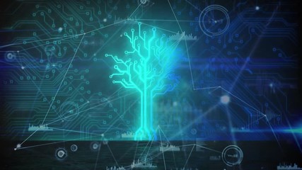 Wall Mural - animation of a neon, blue tree with a web of connections with statistics