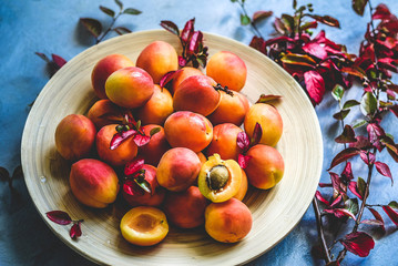 ripe apricots on a wooden plate on a blue background still life