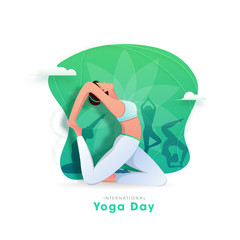 Poster - International Yoga Day Concept with Female Doing Yoga Asana in Different Poses on Abstract Background.