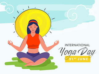 Poster - Young Girl Meditating in Lotus Pose with Creative Sun on Abstract Background for 21st June, International Yoga Day.