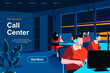Call center isometric landing page. Hotline operators with headsets in office website template. Online customer support, telemarketing, consultation and assistance perspective flat vector illustration
