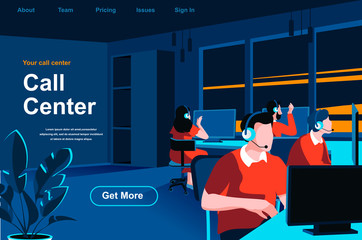 Fototapete - Call center isometric landing page. Hotline operators with headsets in office website template. Online customer support, telemarketing, consultation and assistance perspective flat vector illustration