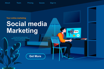 Social media marketing isometric landing page. Internet analyst working with computer in office website template. Marketing research, SMM and SEO technologies perspective flat vector illustration.