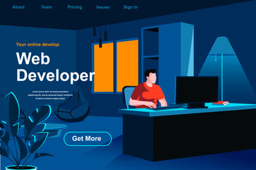 Web development isometric landing page. Web designer working with computer in office website template. UI UX responsive design, website prototyping and programming perspective flat vector illustration