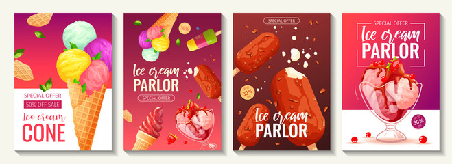 Set of flyers with various ice cream. Ice cream parlor or shop, Sweet products, Dessert concept. A4 vector illustrations for poster, banner, advertisement, commercial, menu, flyer. 