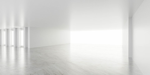 Wall Mural - Empty white business office space room loft interior 3d rendering illustration sunny lighting with empty blank copyspace to add your content